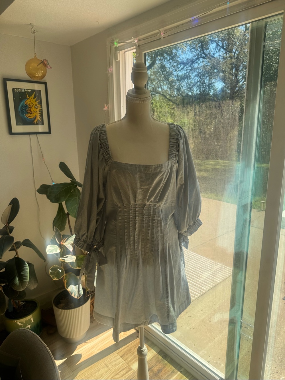 Free People Cerise Light Blue Square-Neck Puff Sleeve mini dress